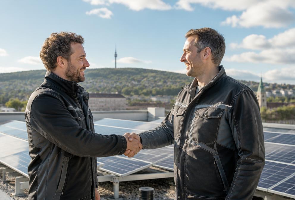 Solarunternehmer und Monteur bei einem Handschlag auf einer Photovoltaikanlage