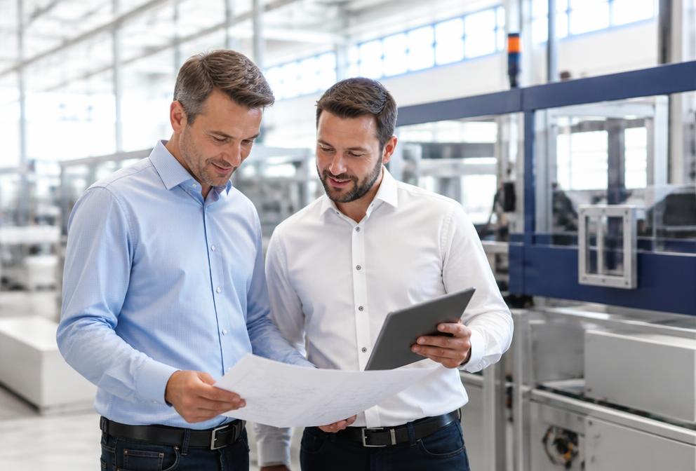 Zwei Unternehmer besprechen technische Unterlagen in einer Werkhalle